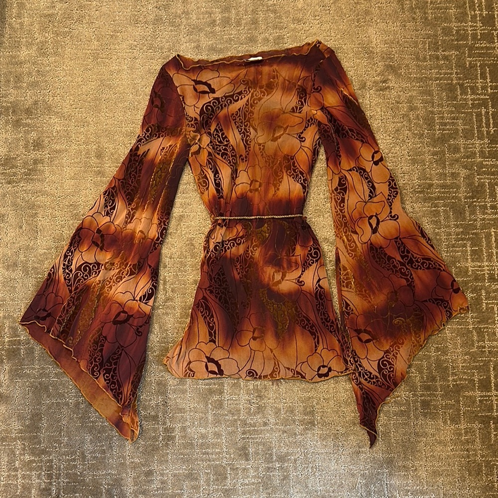 Vintage Fairy Core Velvet Belted Flare Sleeve Top